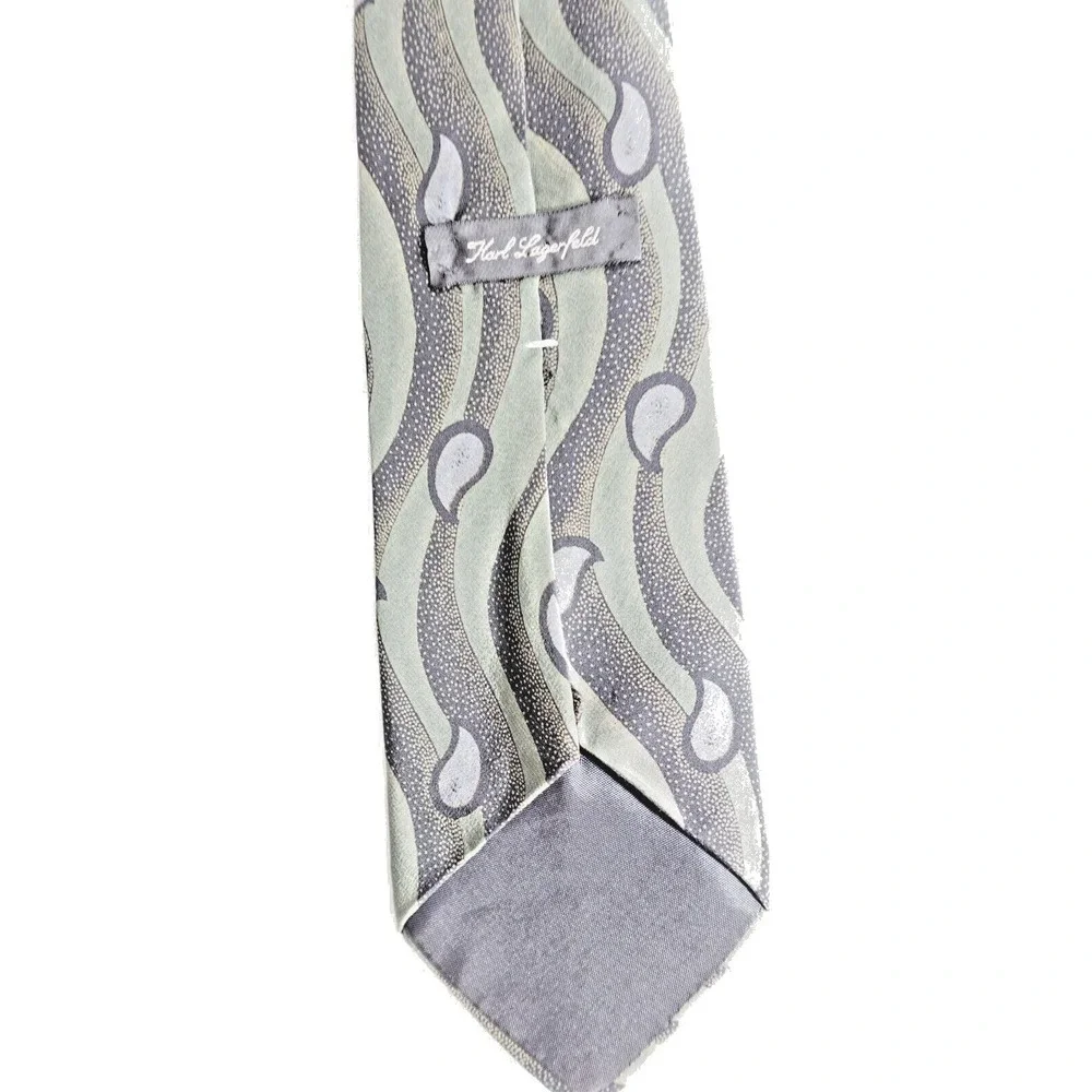 Vintage Karl Lagerfeld Tie Abstract Green Grey Teardrop 100% Silk Art to‎ Wear